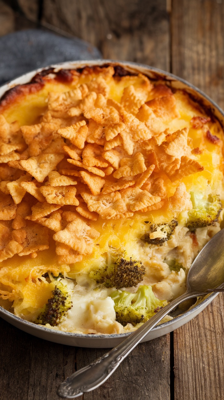 Cheesy potato casserole with broccoli topped with cornflakes, served in a rustic dish.